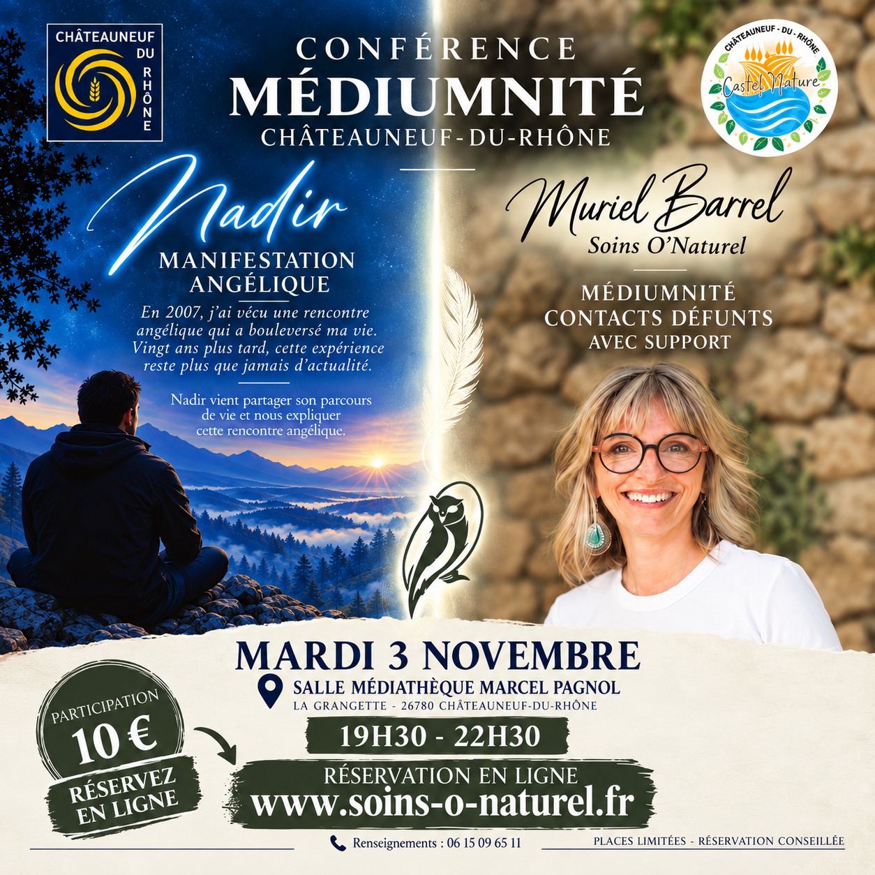 Affiche officielle de la conférence de médiumnité du 3 novembre 2026 à Châteauneuf-du-Rhône